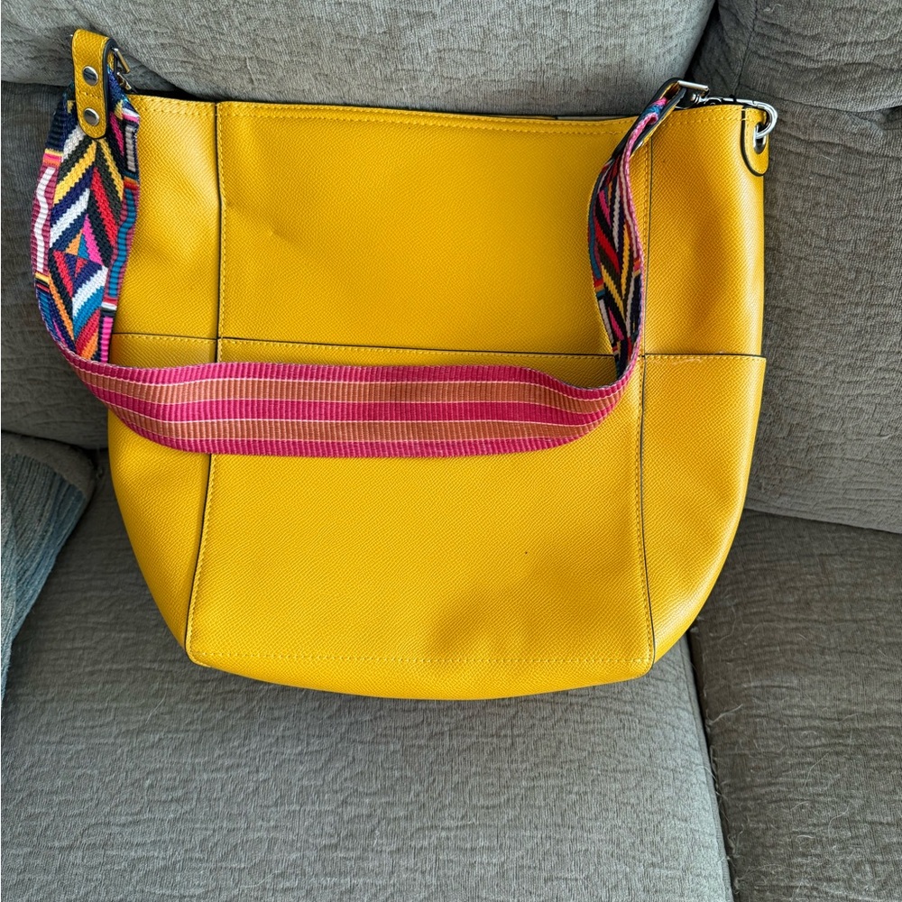 Yellow Tote Bag with Multicolor Strap